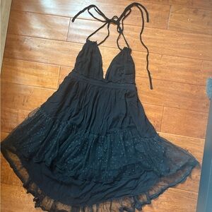 Black Halter Dress with Sheer Polka Dot Skirt